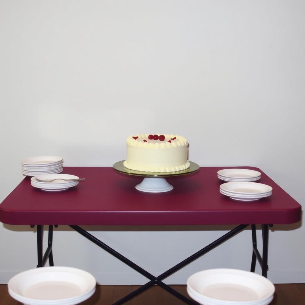 A plain dessert table with a store-bought cake