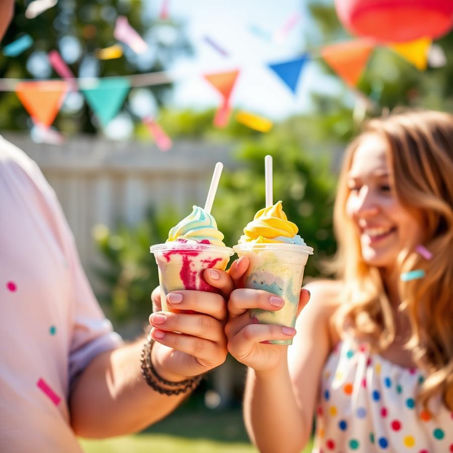 Guests holding colorful cups of ice cream