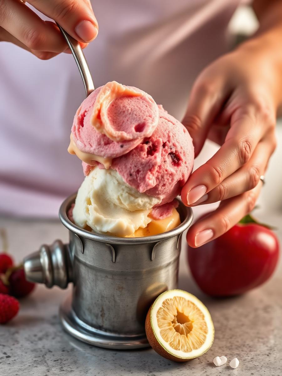 Hands scooping handcrafted ice cream from a garrafa